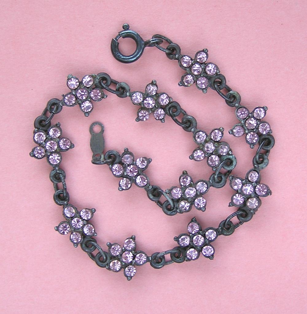 Vintage Antiqued Sterling And Pink Crystal Flower Bracelet